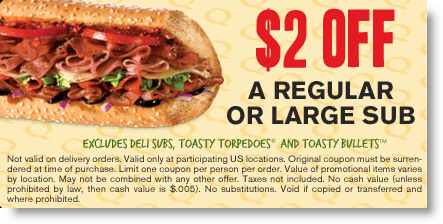 Quiznos: $2 off Regular or Large Sub